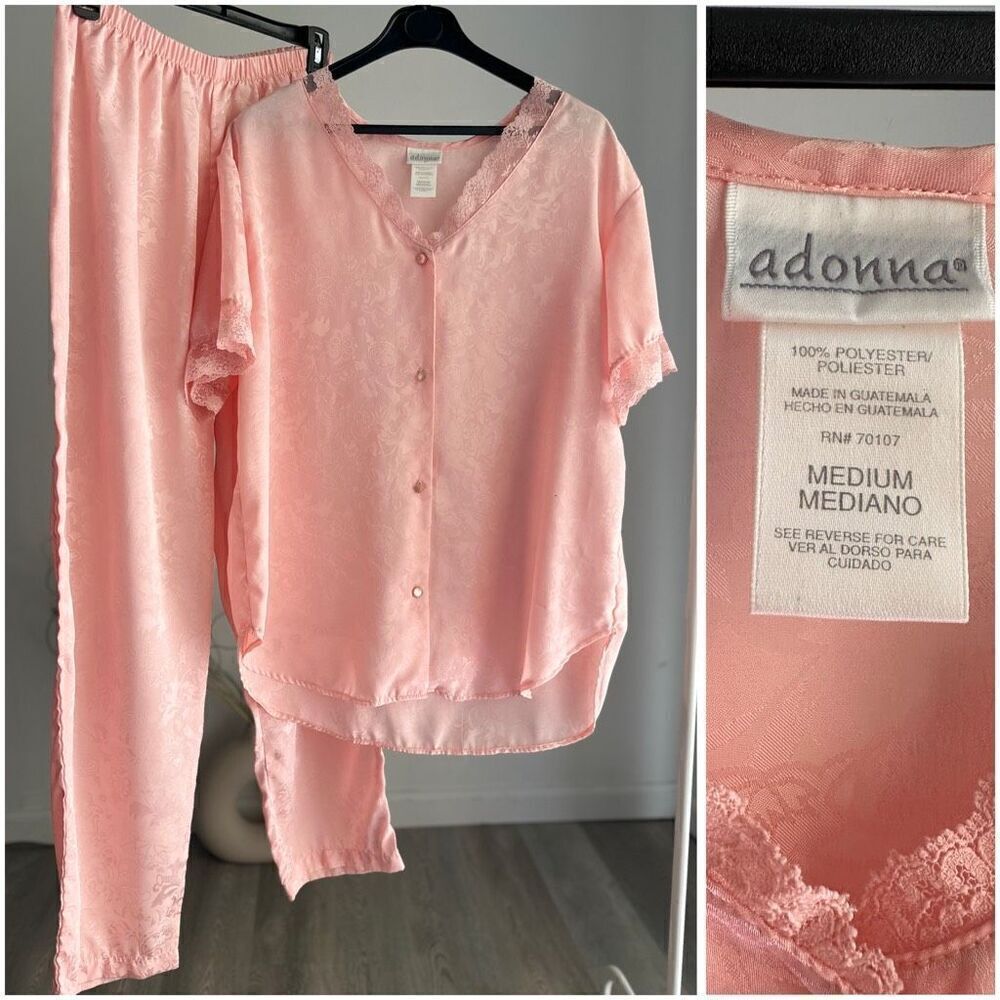 Adonna Pink Vintage Satin Pajama Set Blouse Pants Medium